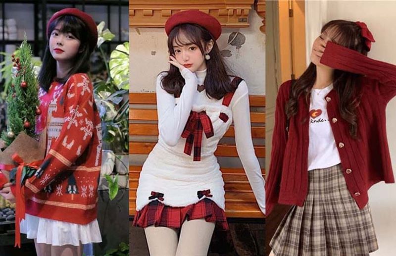 Trang phục Noel - Chân váy xếp ly kết hợp cùng áo cardigan màu đỏ