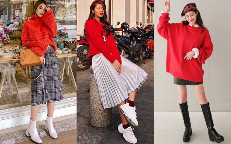 Trang phục Noel - Áo hoodie kết hợp với chân váy xếp ly