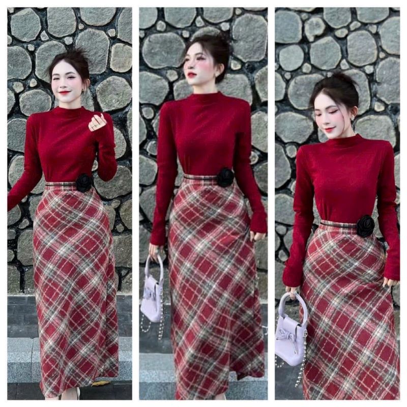 Trang phục giáng sinh - Chân váy bút chì kết hợp cùng áo len cao cổ