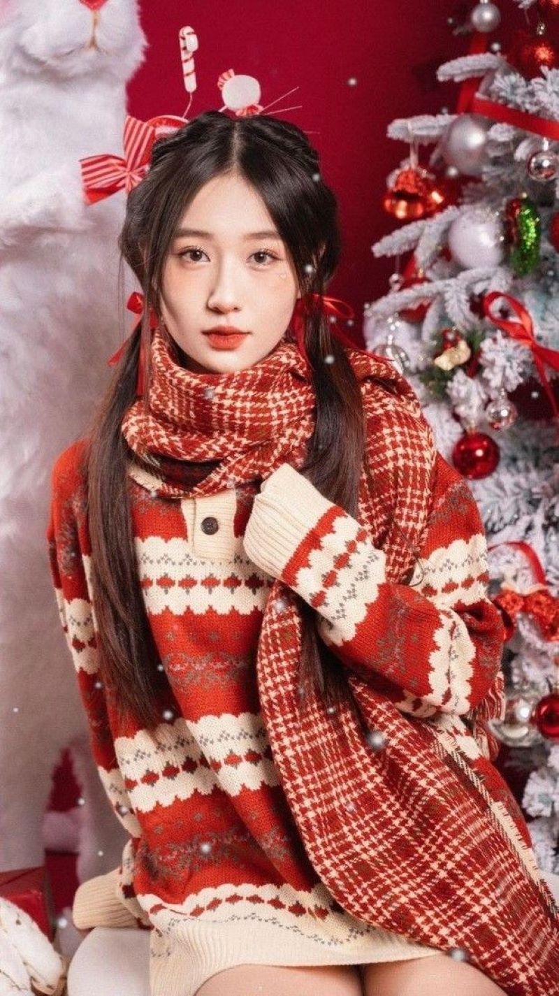 Trang phục Noel - Đầm len dáng suông và khăn choàng đỏ